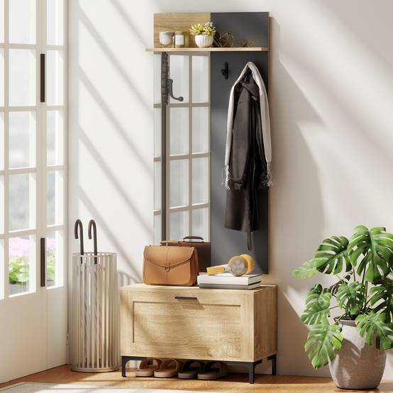 Ensemble d’entrée avec banc à chaussures, miroir, 3 crochets et étagère ouverte, meuble de couloir bois naturel et gris - Image 4