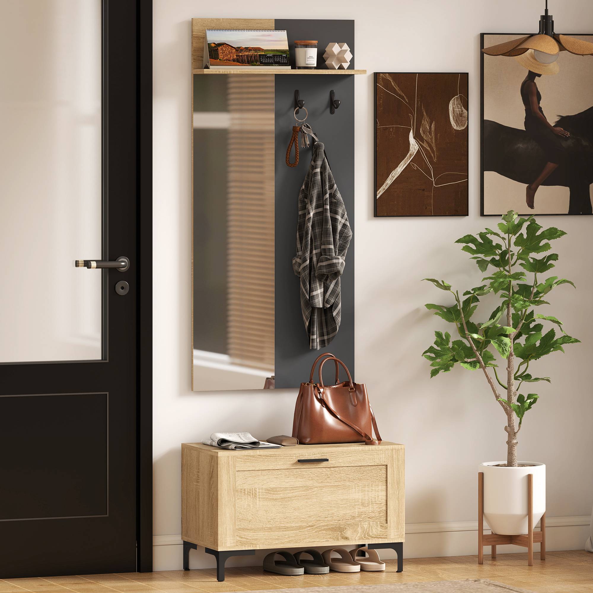 Ensemble d’entrée avec banc à chaussures, miroir, 3 crochets et étagère ouverte, meuble de couloir bois naturel et gris - Image 9