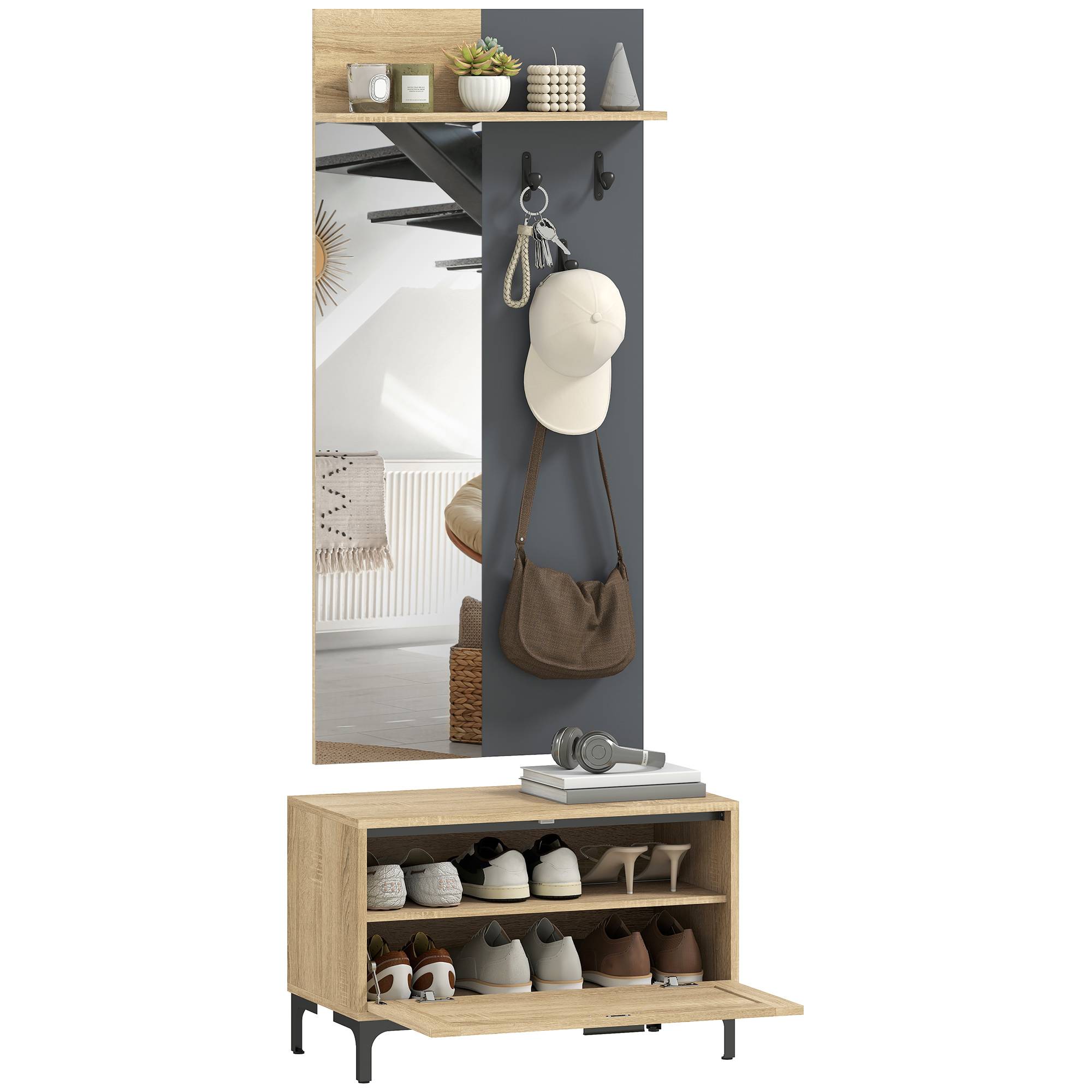 Ensemble d’entrée avec banc à chaussures, miroir, 3 crochets et étagère ouverte, meuble de couloir bois naturel et gris - Image 1