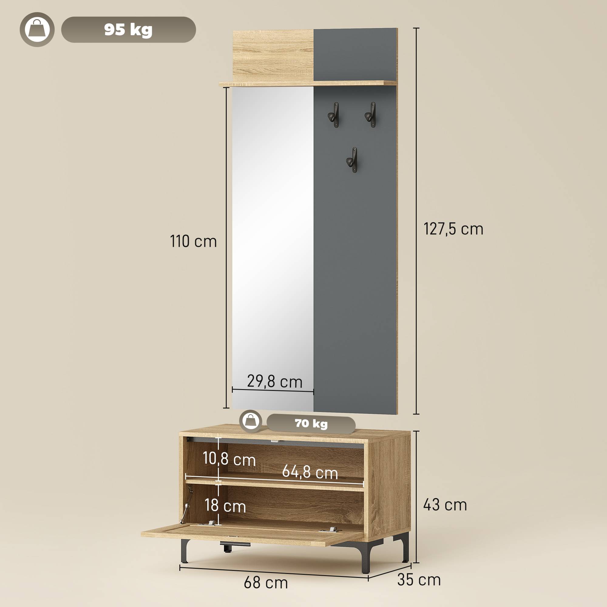 Ensemble d’entrée avec banc à chaussures, miroir, 3 crochets et étagère ouverte, meuble de couloir bois naturel et gris - Image 5