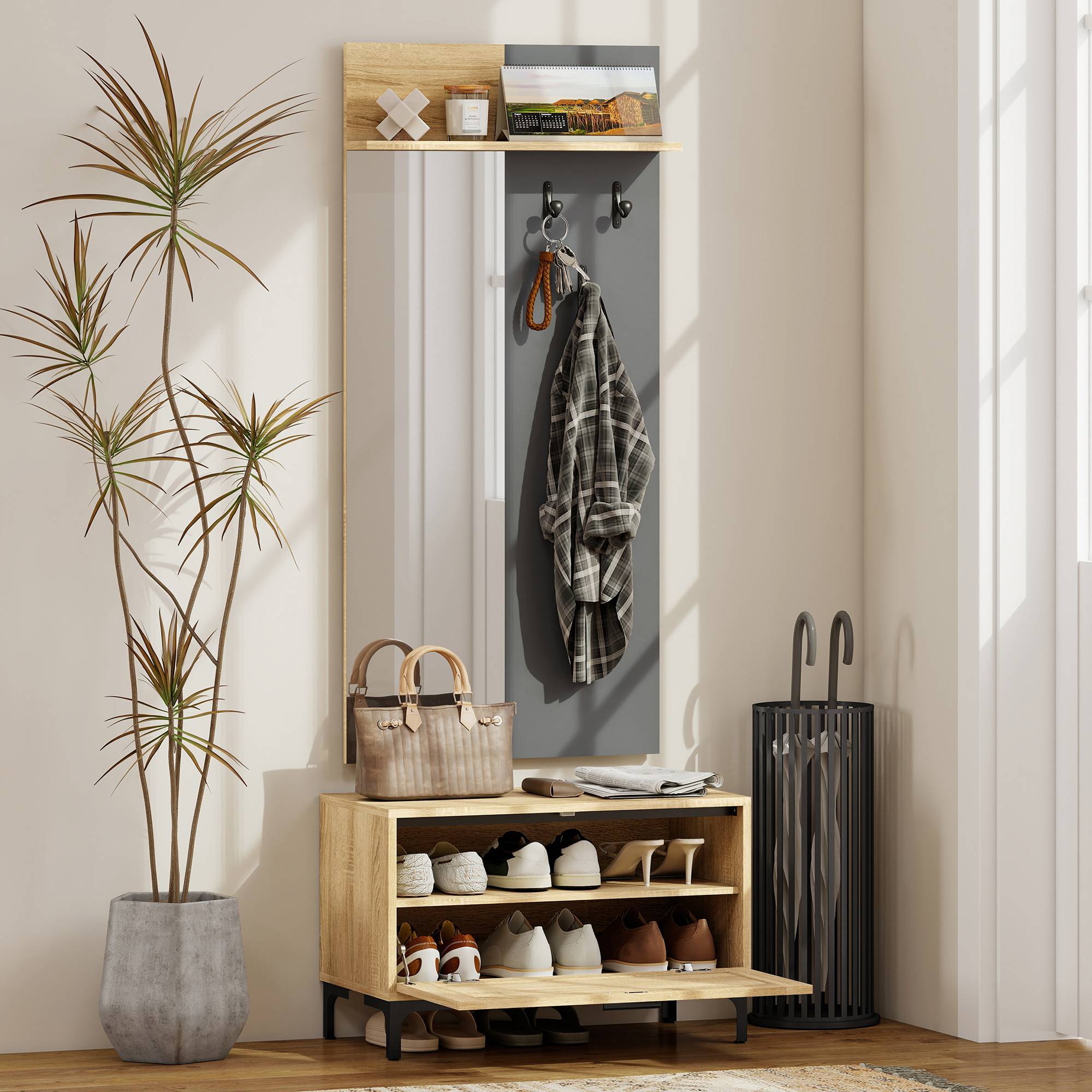 Ensemble d’entrée avec banc à chaussures, miroir, 3 crochets et étagère ouverte, meuble de couloir bois naturel et gris - Image 3