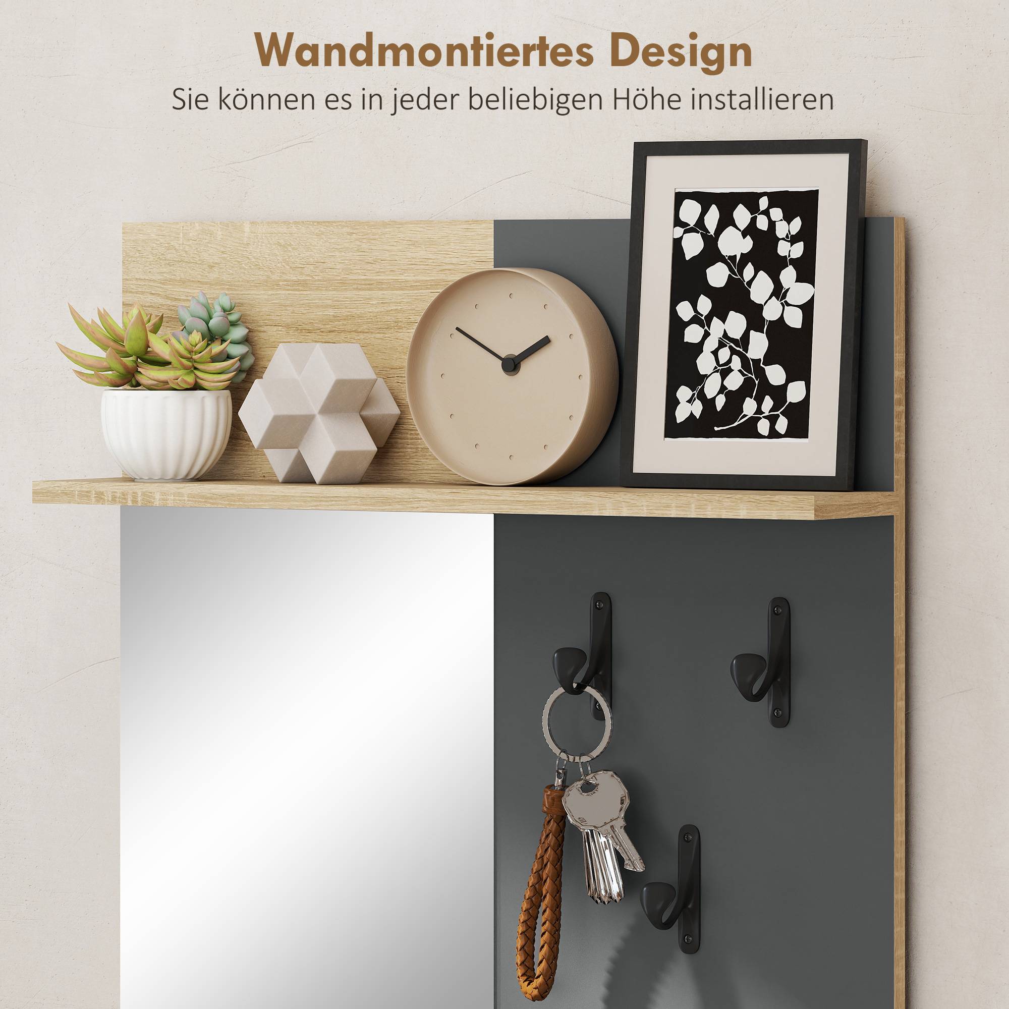 Ensemble d’entrée avec banc à chaussures, miroir, 3 crochets et étagère ouverte, meuble de couloir bois naturel et gris - Image 7