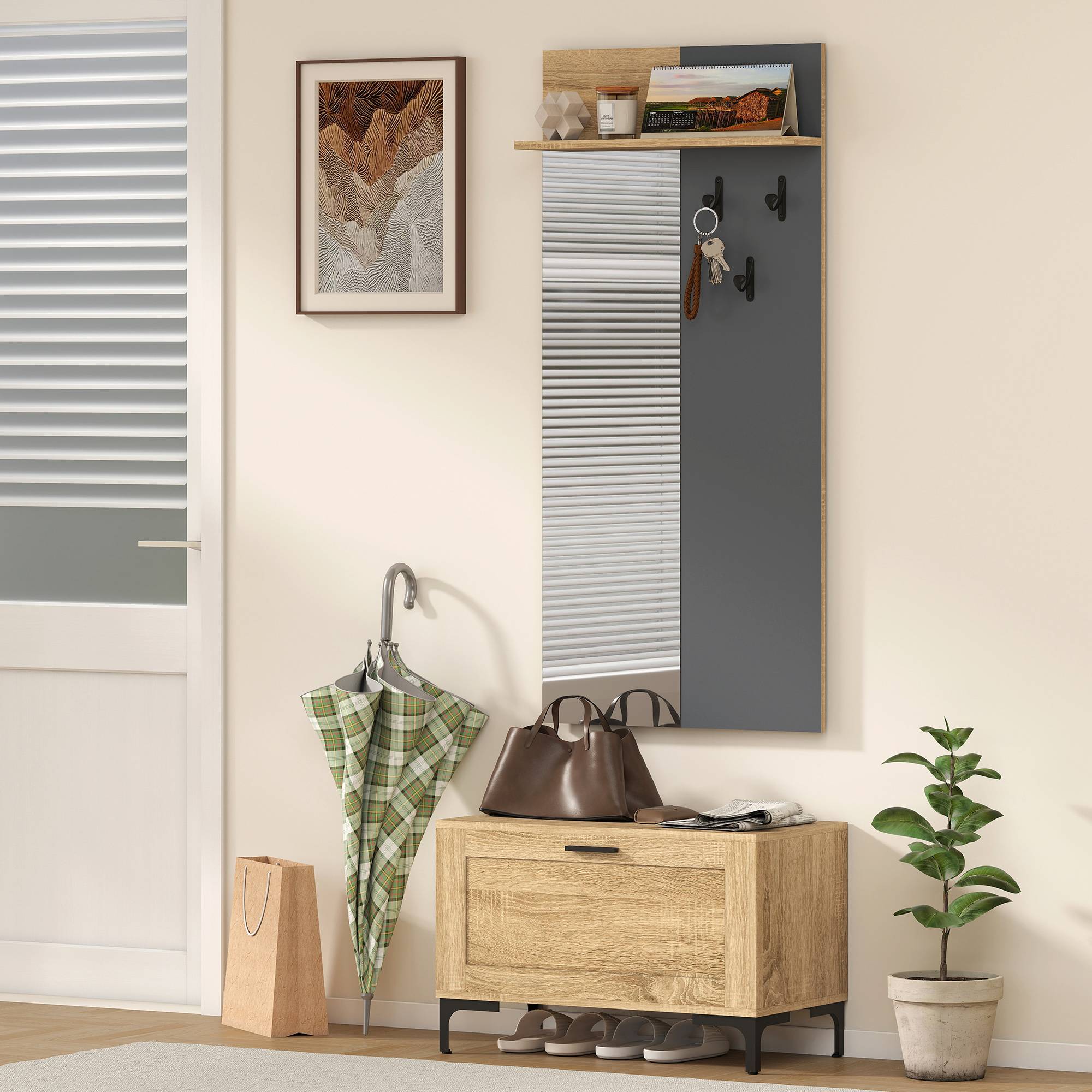 Ensemble d’entrée avec banc à chaussures, miroir, 3 crochets et étagère ouverte, meuble de couloir bois naturel et gris - Image 8
