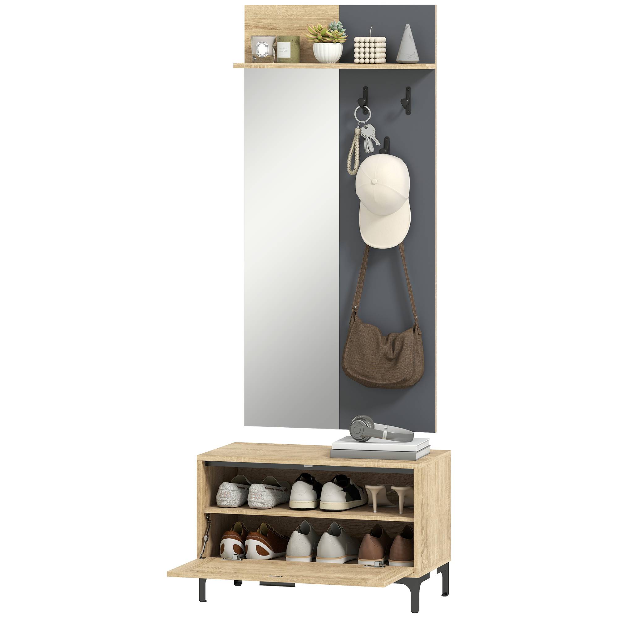 Ensemble d’entrée avec banc à chaussures, miroir, 3 crochets et étagère ouverte, meuble de couloir bois naturel et gris - Image 2