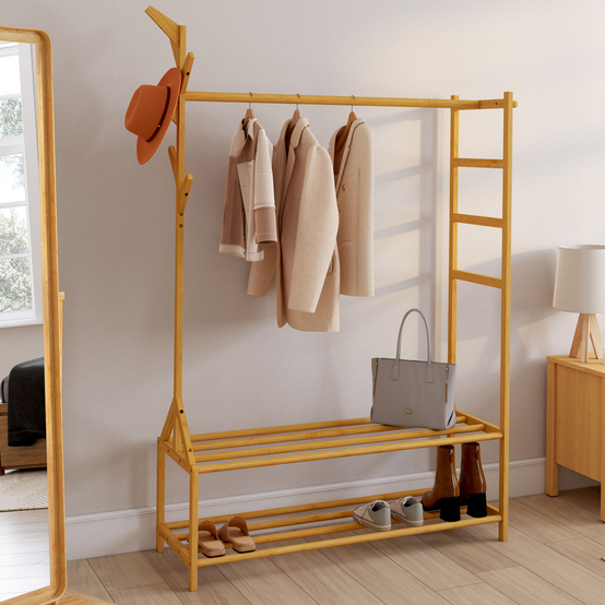 Portant vêtements bambou RITA avec porte-manteaux et étagères - Image 1