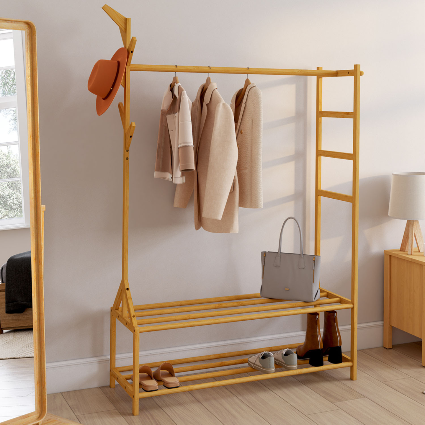 Portant vêtements bambou RITA avec porte-manteaux et étagères - Image 1