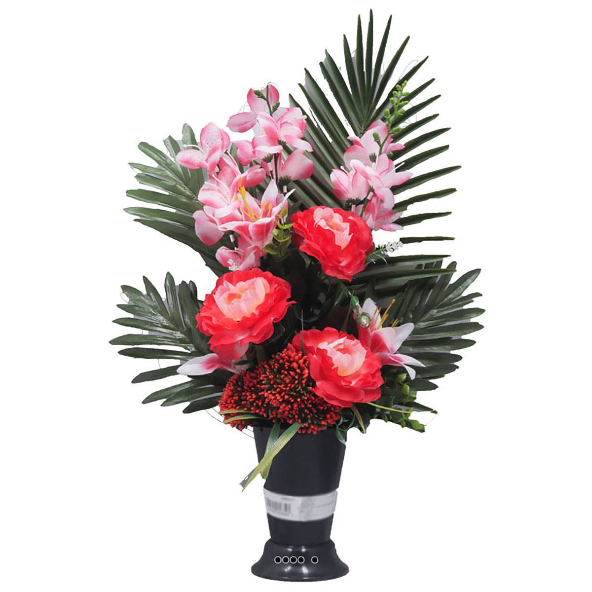 Artificielles - Cône fleurs artificielles cimetière camélias et lys Rose fushia - couleur: Rose fushia 730 - Imagen 1