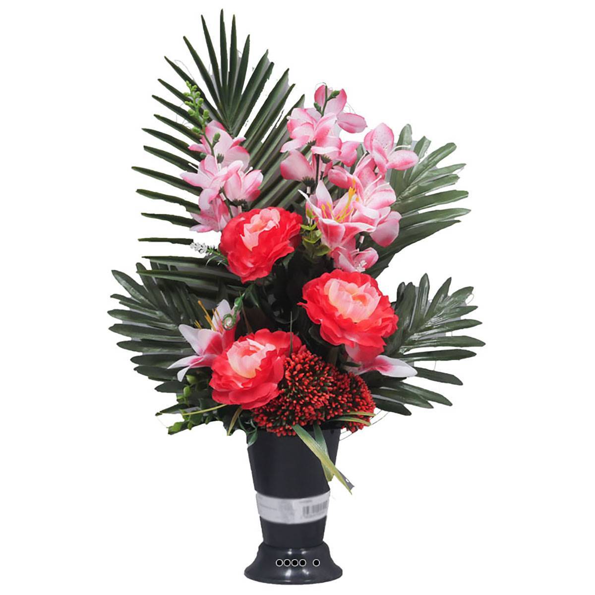 Artificielles - Cône fleurs artificielles cimetière camélias et lys Rose fushia - couleur: Rose fushia 730 - Imagen 2