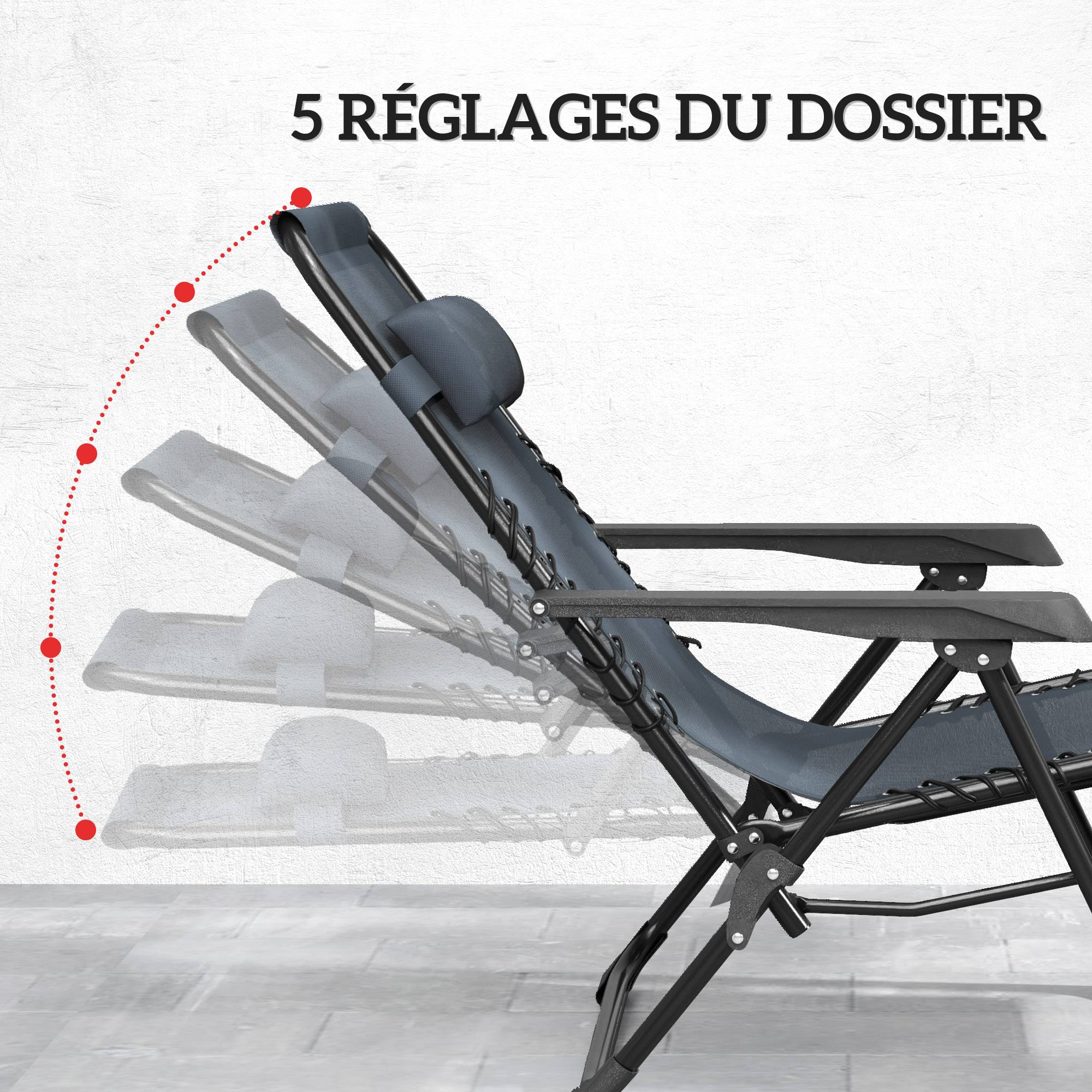 Lot de 2 chaises longues pliables inclinables, table d'appoint, porte-gobelets, appuie-têtes, charge 120 kg, gris - Image 6