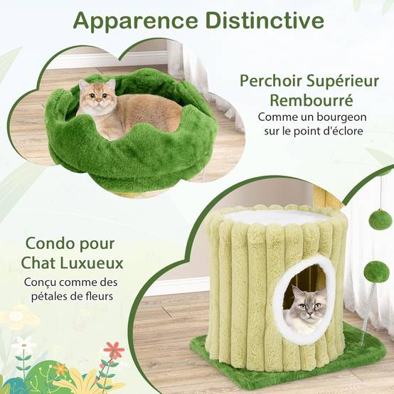COSTWAY Petit Arbre a Chat 54 cm Cactus, 2 Plateformes, Condo, Poteaux à Griffer en Sisal, 2 Pompons, Tissu en Peluche, pour Salon, Chambre, Vert - Image 7