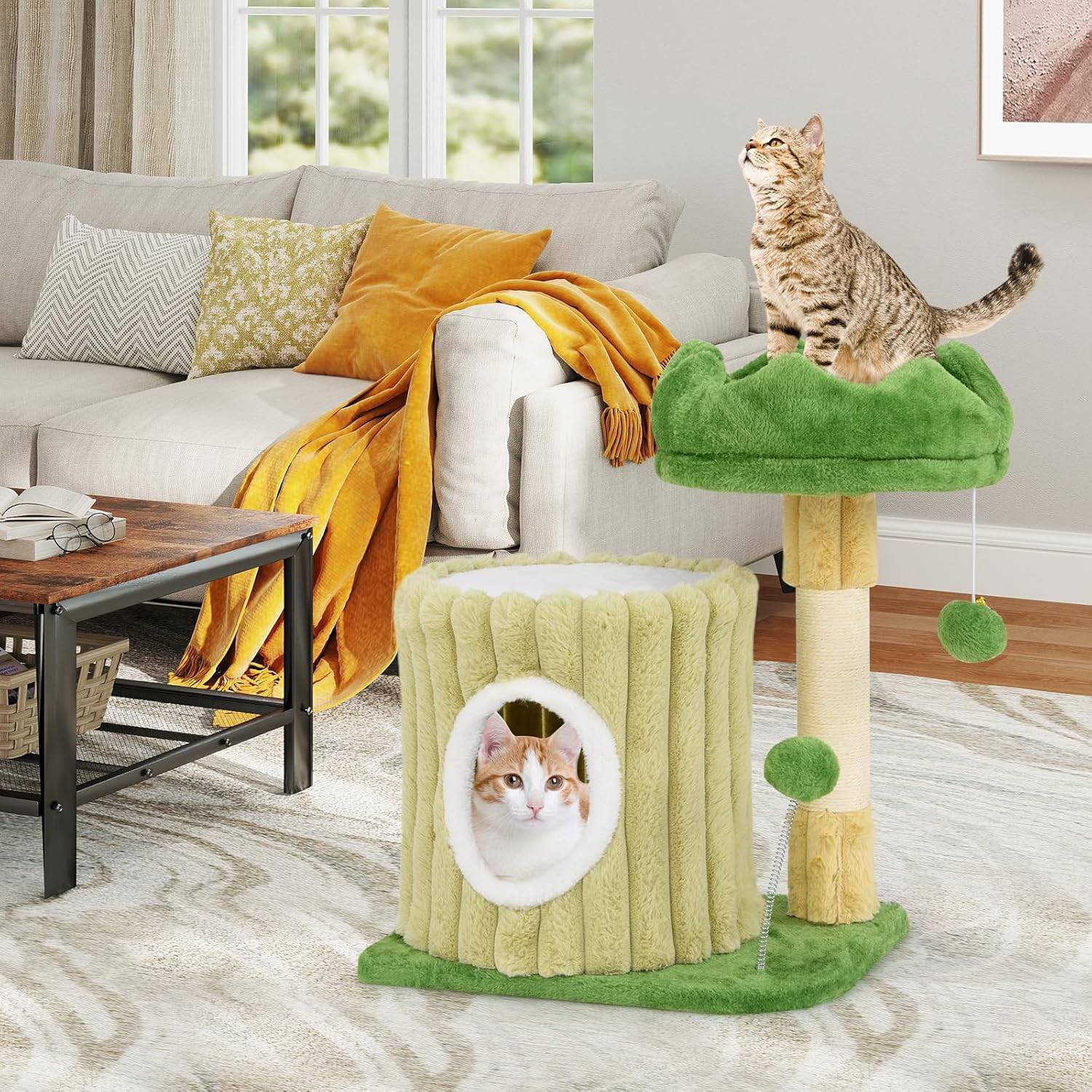 COSTWAY Petit Arbre a Chat 54 cm Cactus, 2 Plateformes, Condo, Poteaux à Griffer en Sisal, 2 Pompons, Tissu en Peluche, pour Salon, Chambre, Vert - Image 3