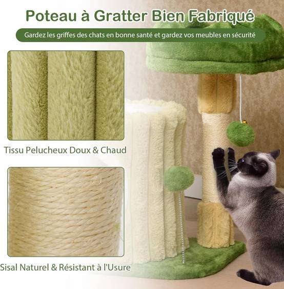 COSTWAY Petit Arbre a Chat 54 cm Cactus, 2 Plateformes, Condo, Poteaux à Griffer en Sisal, 2 Pompons, Tissu en Peluche, pour Salon, Chambre, Vert - Image 8