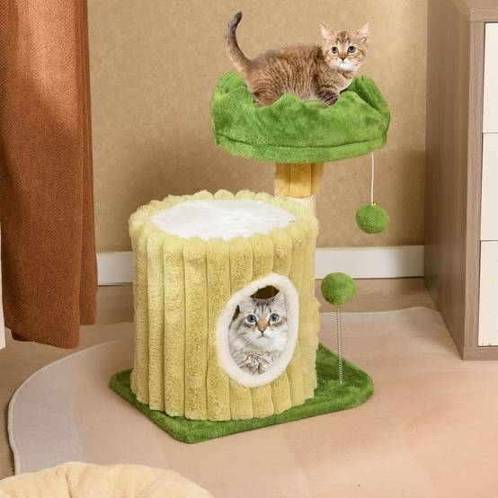 COSTWAY Petit Arbre a Chat 54 cm Cactus, 2 Plateformes, Condo, Poteaux à Griffer en Sisal, 2 Pompons, Tissu en Peluche, pour Salon, Chambre, Vert - Image 4