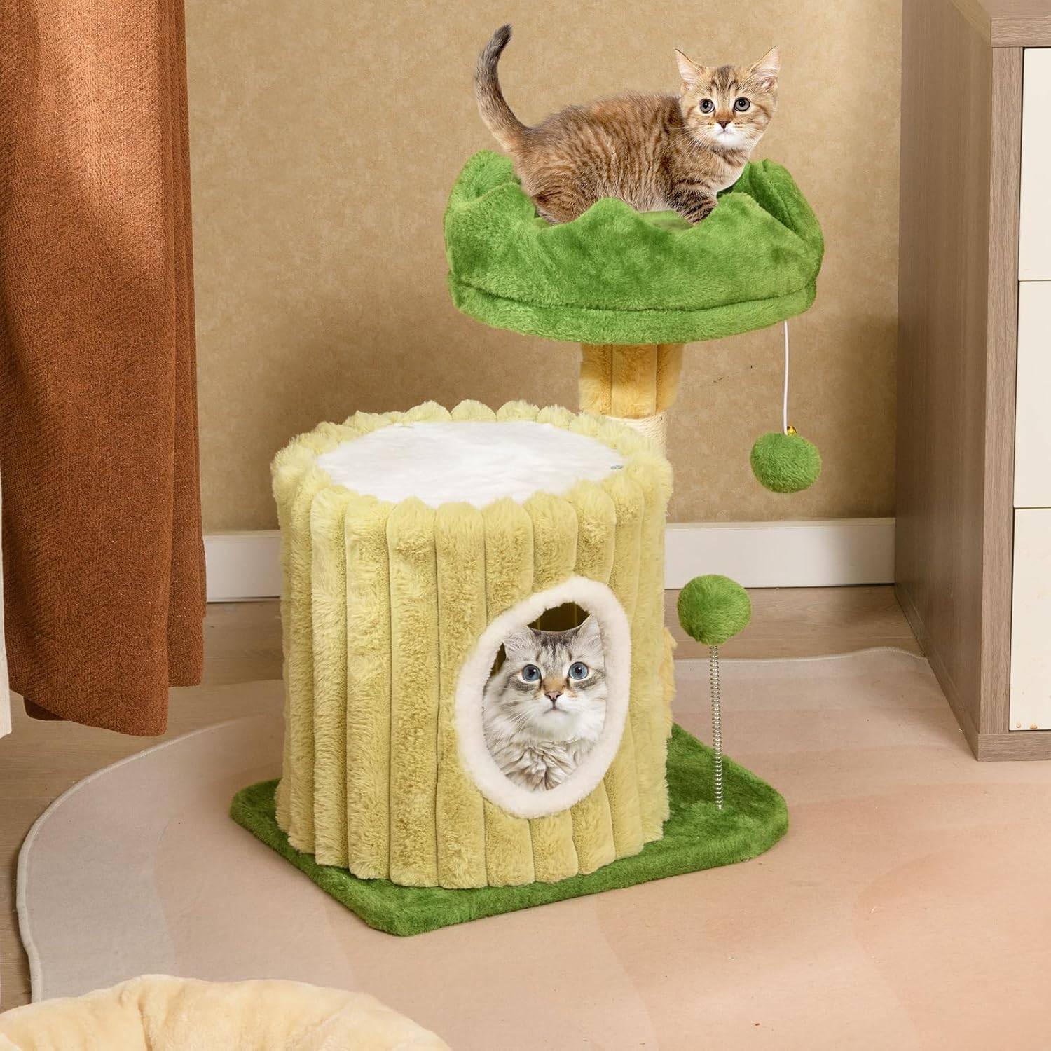 COSTWAY Petit Arbre a Chat 54 cm Cactus, 2 Plateformes, Condo, Poteaux à Griffer en Sisal, 2 Pompons, Tissu en Peluche, pour Salon, Chambre, Vert - Image 4