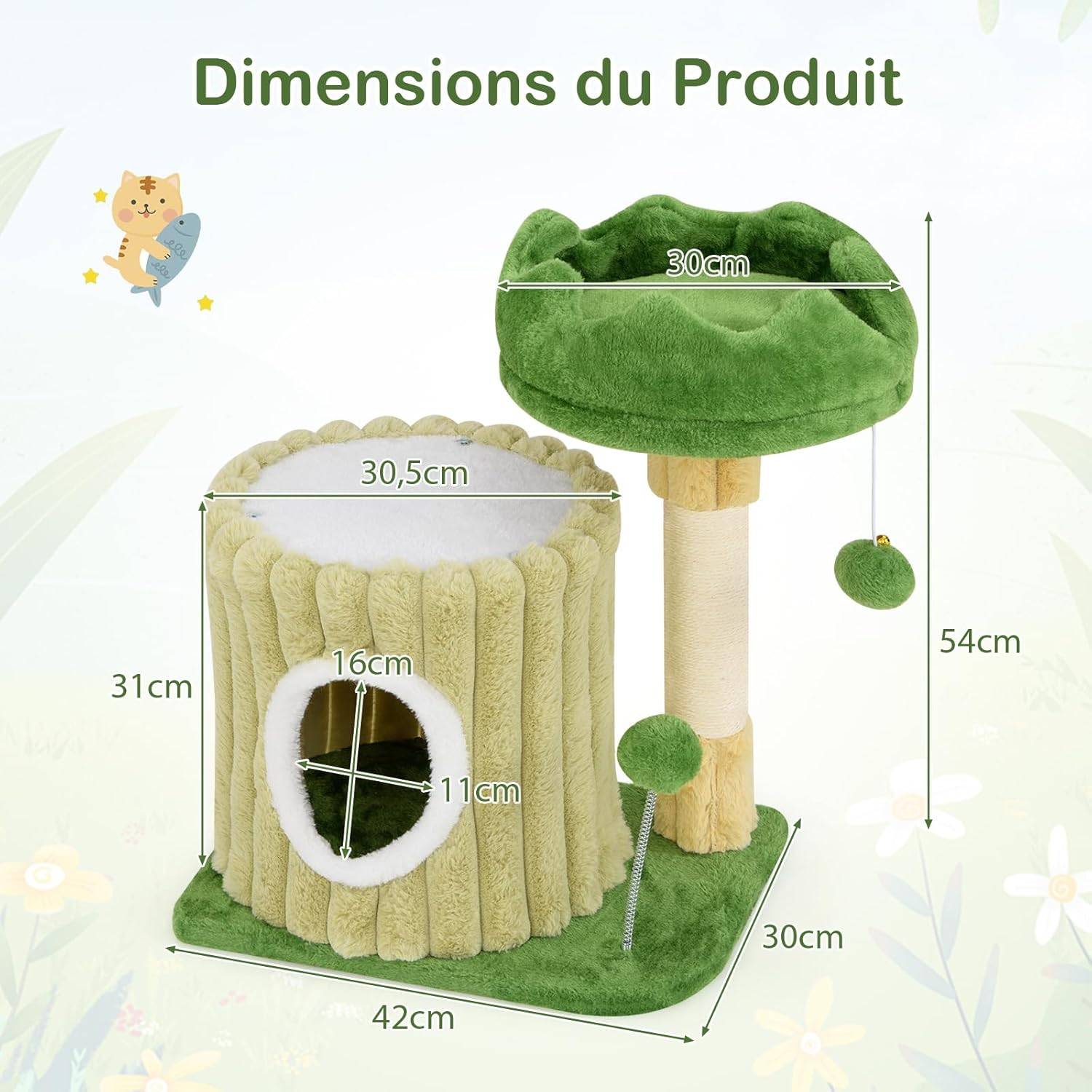 COSTWAY Petit Arbre a Chat 54 cm Cactus, 2 Plateformes, Condo, Poteaux à Griffer en Sisal, 2 Pompons, Tissu en Peluche, pour Salon, Chambre, Vert - Image 5