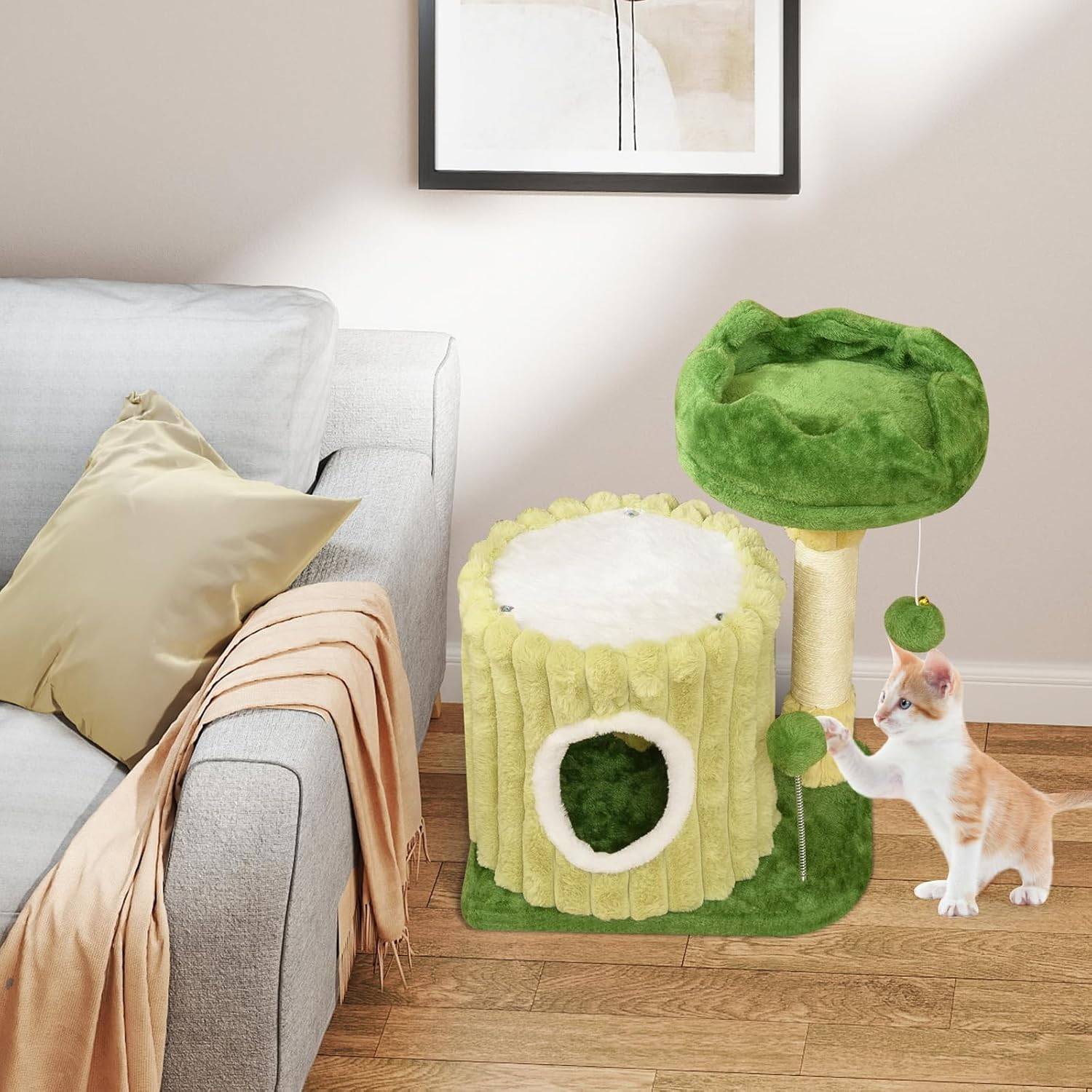 COSTWAY Petit Arbre a Chat 54 cm Cactus, 2 Plateformes, Condo, Poteaux à Griffer en Sisal, 2 Pompons, Tissu en Peluche, pour Salon, Chambre, Vert - Image 2