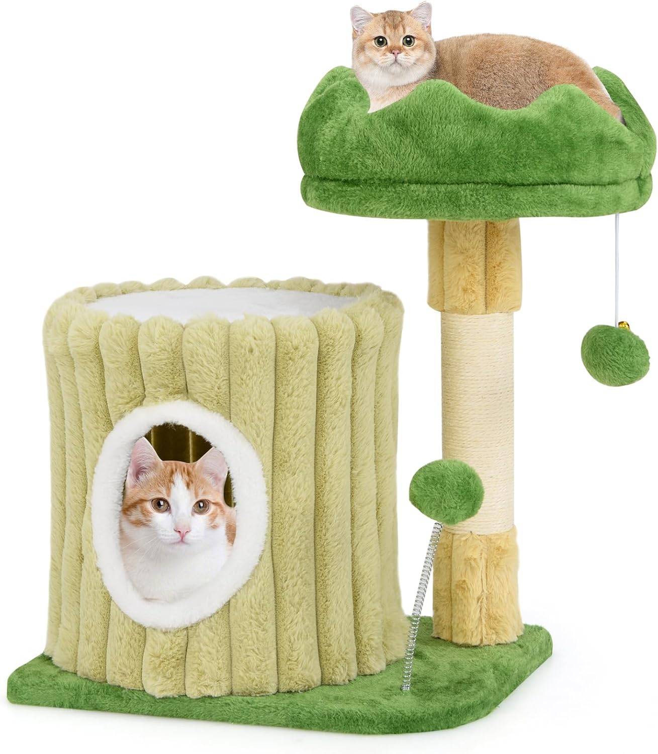 COSTWAY Petit Arbre a Chat 54 cm Cactus, 2 Plateformes, Condo, Poteaux à Griffer en Sisal, 2 Pompons, Tissu en Peluche, pour Salon, Chambre, Vert - Image 1