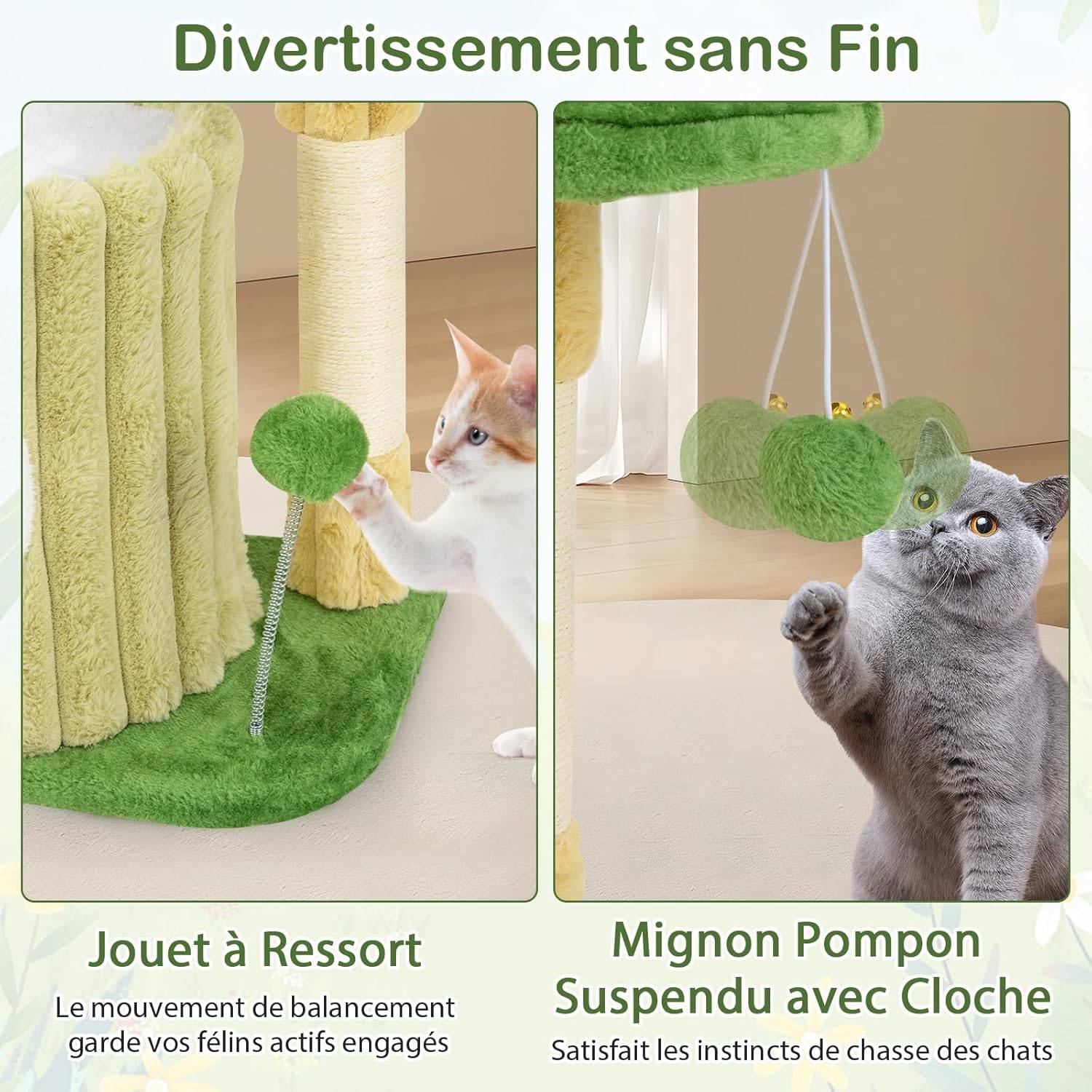 COSTWAY Petit Arbre a Chat 54 cm Cactus, 2 Plateformes, Condo, Poteaux à Griffer en Sisal, 2 Pompons, Tissu en Peluche, pour Salon, Chambre, Vert - Image 9