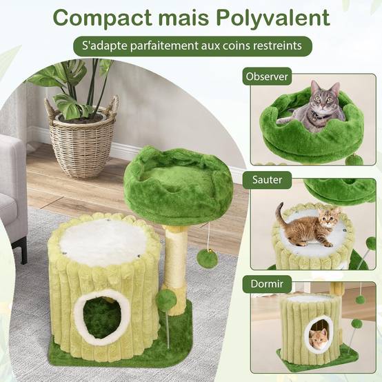 COSTWAY Petit Arbre a Chat 54 cm Cactus, 2 Plateformes, Condo, Poteaux à Griffer en Sisal, 2 Pompons, Tissu en Peluche, pour Salon, Chambre, Vert - Image 6