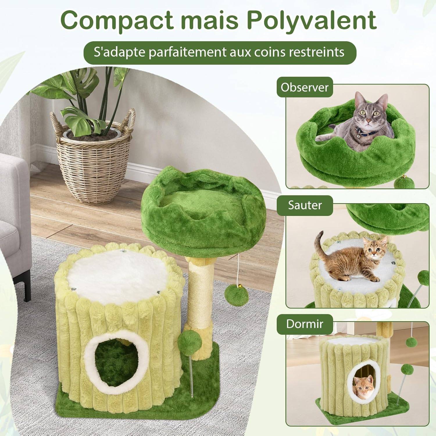 COSTWAY Petit Arbre a Chat 54 cm Cactus, 2 Plateformes, Condo, Poteaux à Griffer en Sisal, 2 Pompons, Tissu en Peluche, pour Salon, Chambre, Vert - Image 6