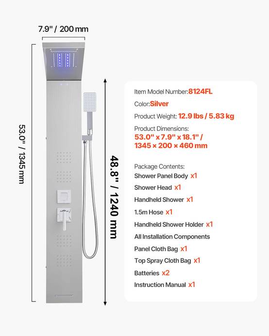 Vevor - VEVOR Colonne douche LED acier inox 1345mm, 5 fonctions dont 4 jets corps et douchette main. - Image 7