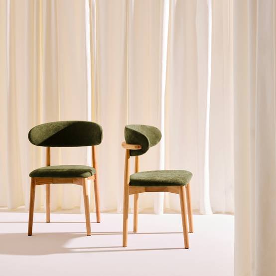 sweeek - Lot de 2 chaises bois d'hévéa naturel et tissu chenille kaki - Paola | sweeek - Image 1