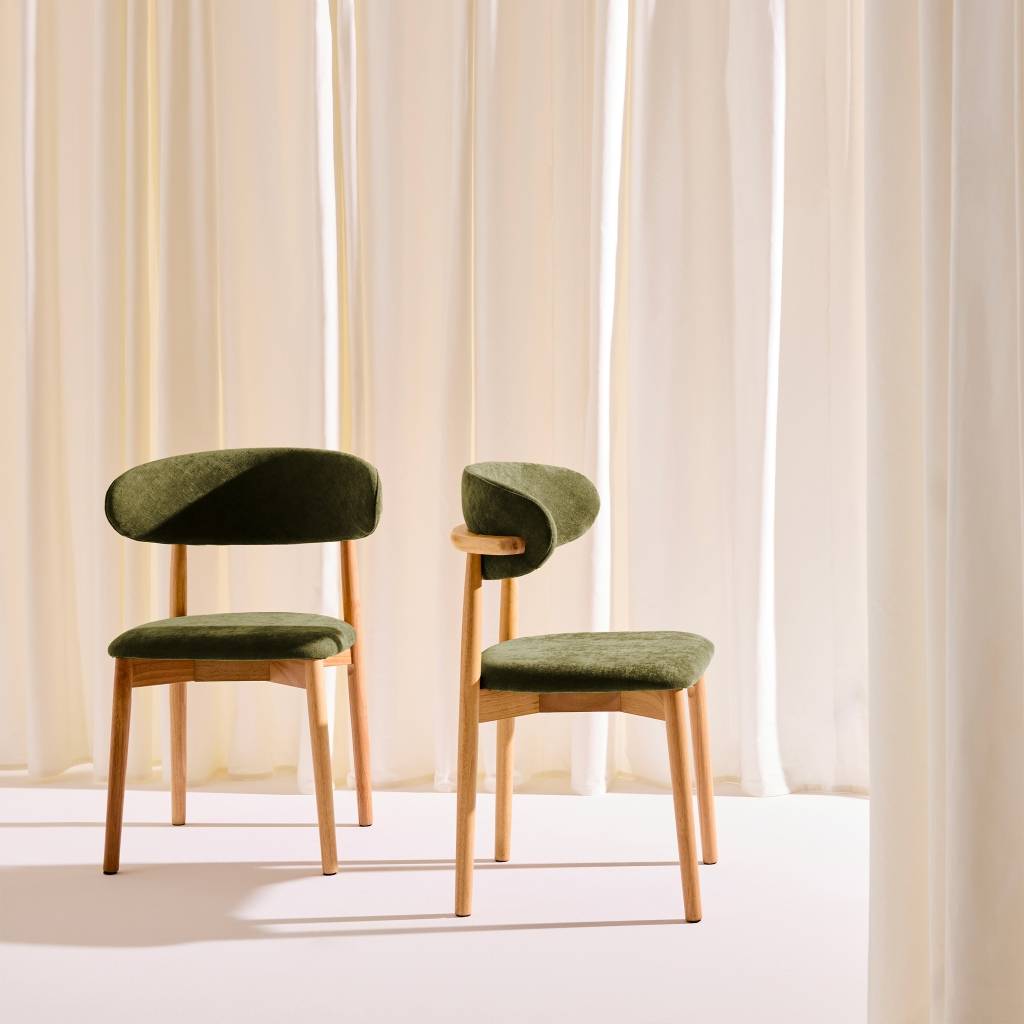 sweeek - Lot de 2 chaises bois d'hévéa naturel et tissu chenille kaki - Paola | sweeek - Image 1
