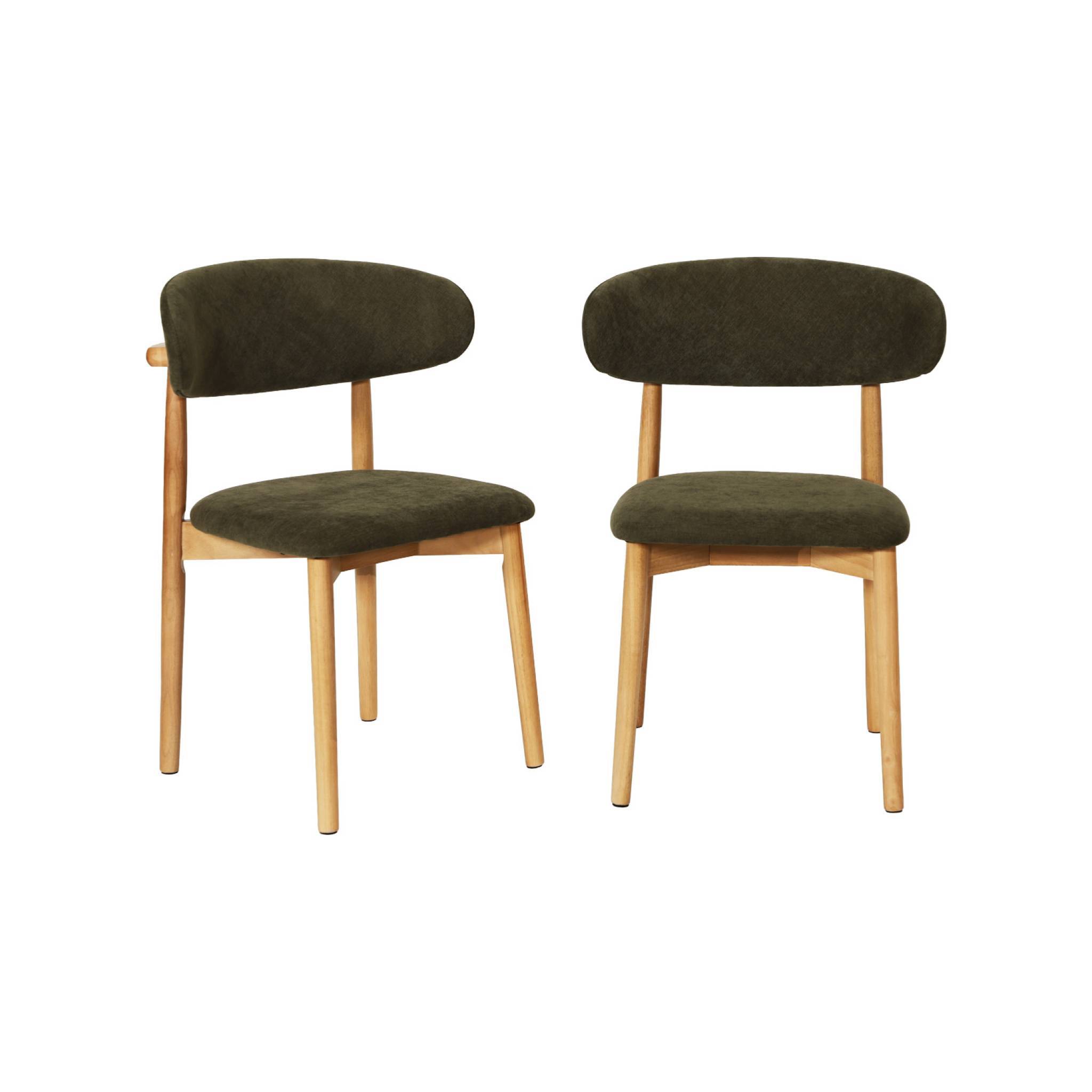 sweeek - Lot de 2 chaises bois d'hévéa naturel et tissu chenille kaki - Paola | sweeek - Image 2