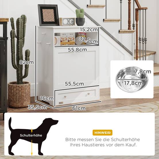 Sans Marque - Station d'alimentation pour animaux, armoire de rangement pour accessoires pour animaux, avec gamelles, crochets pour laisses, MDF, blanc - Image 5