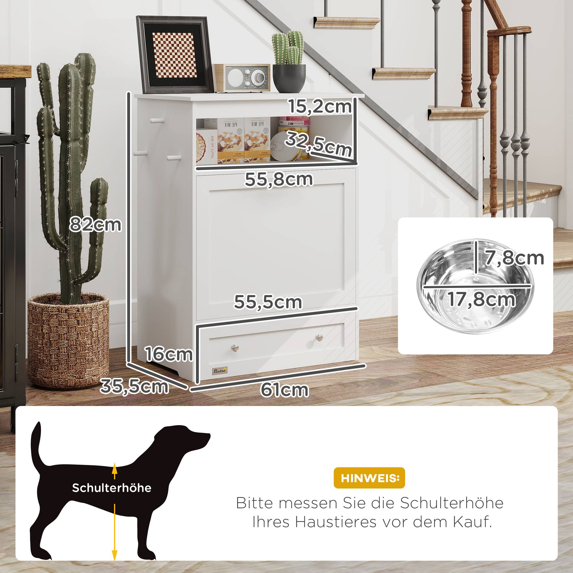 Sans Marque - Station d'alimentation pour animaux, armoire de rangement pour accessoires pour animaux, avec gamelles, crochets pour laisses, MDF, blanc - Image 5
