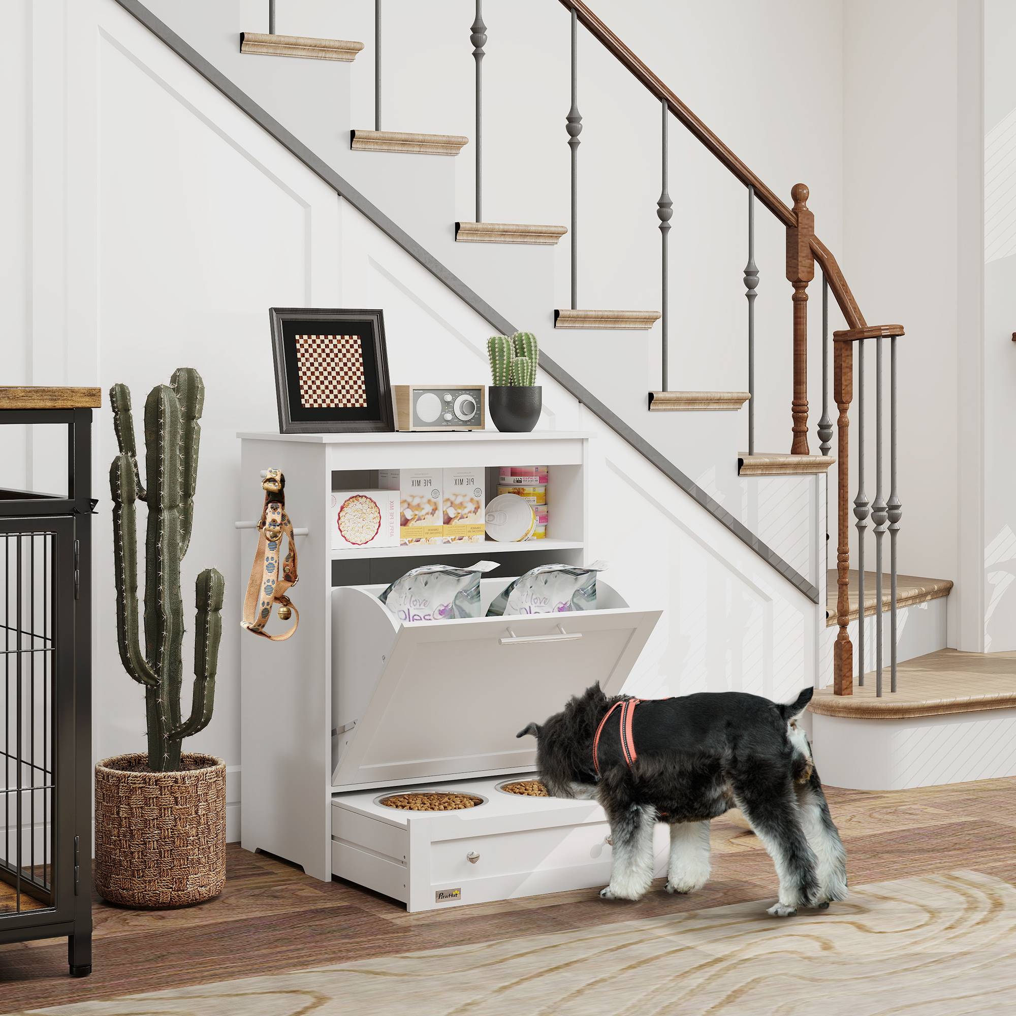 Sans Marque - Station d'alimentation pour animaux, armoire de rangement pour accessoires pour animaux, avec gamelles, crochets pour laisses, MDF, blanc - Image 3