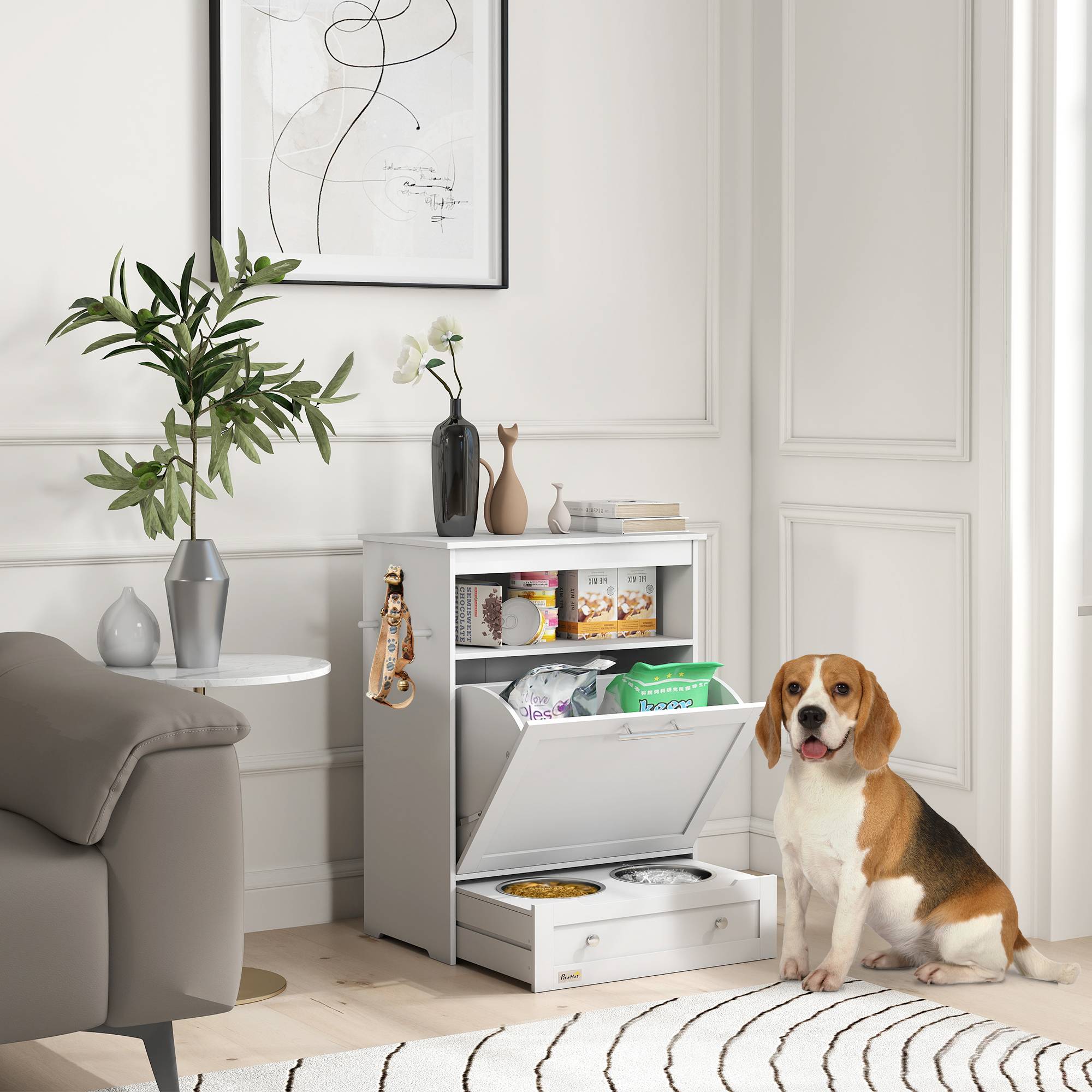 Sans Marque - Station d'alimentation pour animaux, armoire de rangement pour accessoires pour animaux, avec gamelles, crochets pour laisses, MDF, blanc - Image 4