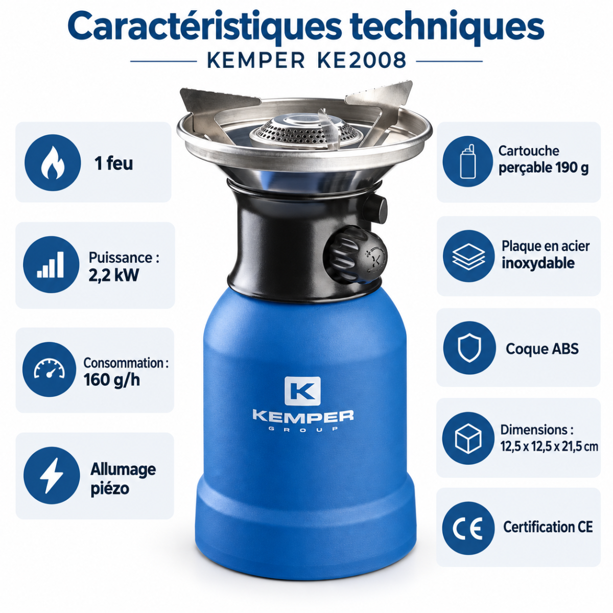 Réchaud à gaz 1 feu 2,2 kW compact, cartouche perçable 190 g, allumage piézo anti-vent KEMPER - Imagen 3