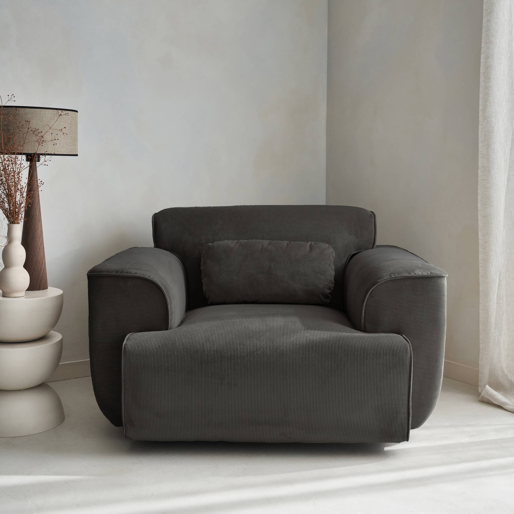 sweeek - Fauteuil velours côtelé gris foncé. lignes arrondies. coussin fourni. Wallas. L 116 x P 97 x H 73cm | sweeek - Image 3