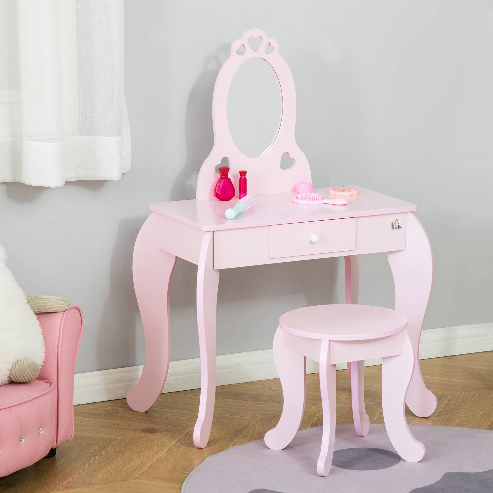 Sans Marque - Coiffeuse Enfant Design Girly avec Motifs à Coeur - Tabouret Inclus - dim. 60L x 36l x 88H cm - tiroir, Miroir - MDF - Rose - Image 4