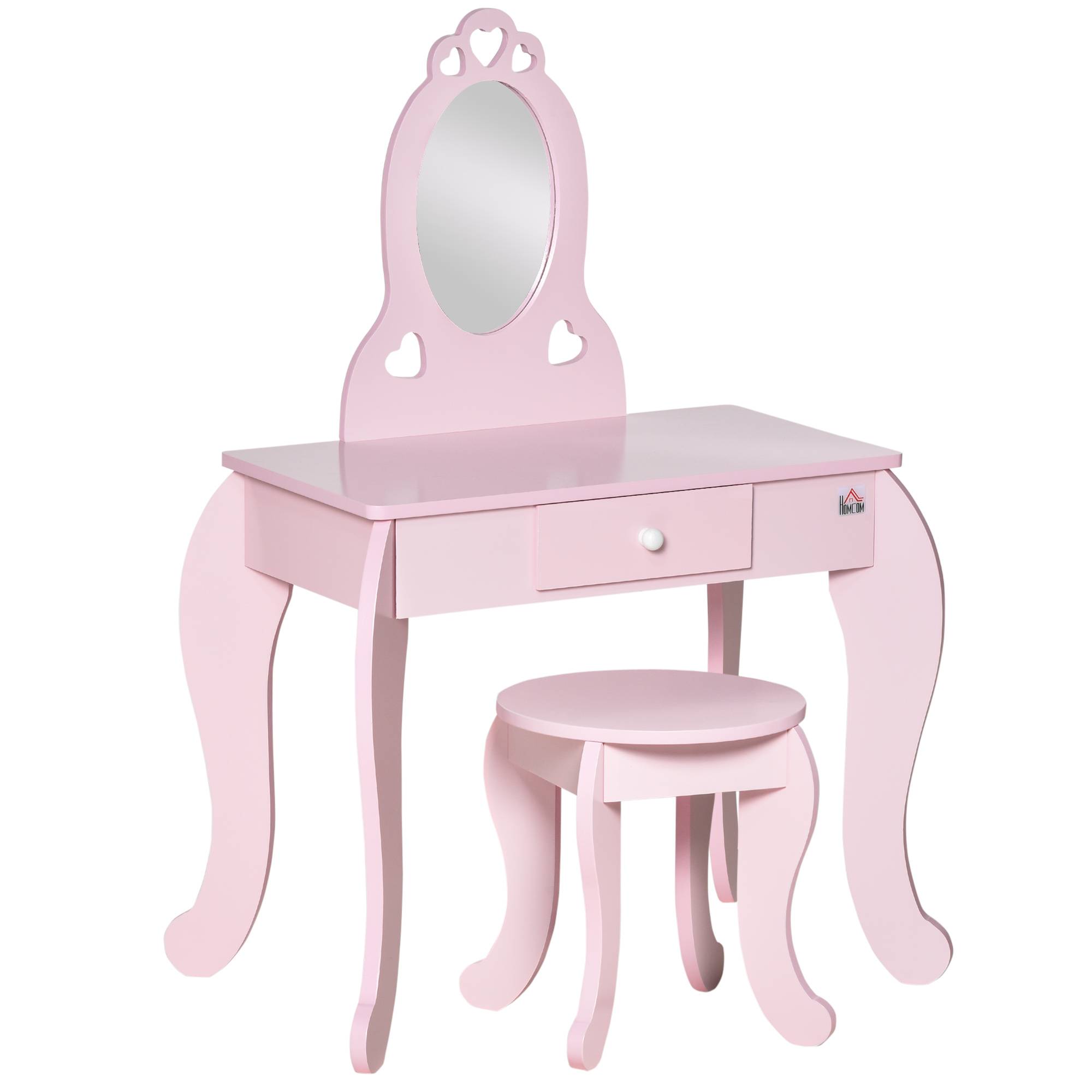 Sans Marque - Coiffeuse Enfant Design Girly avec Motifs à Coeur - Tabouret Inclus - dim. 60L x 36l x 88H cm - tiroir, Miroir - MDF - Rose - Image 1