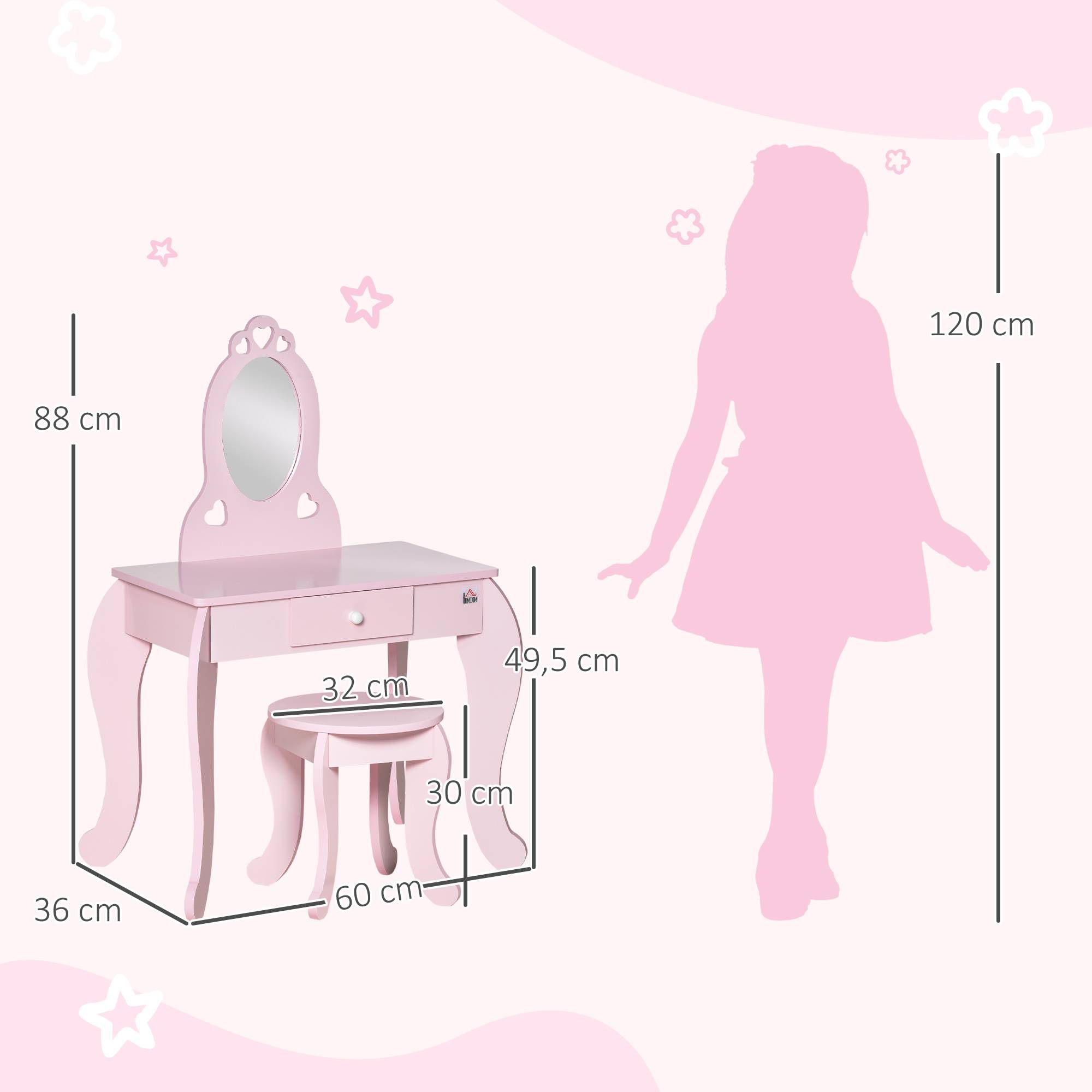 Sans Marque - Coiffeuse Enfant Design Girly avec Motifs à Coeur - Tabouret Inclus - dim. 60L x 36l x 88H cm - tiroir, Miroir - MDF - Rose - Image 5