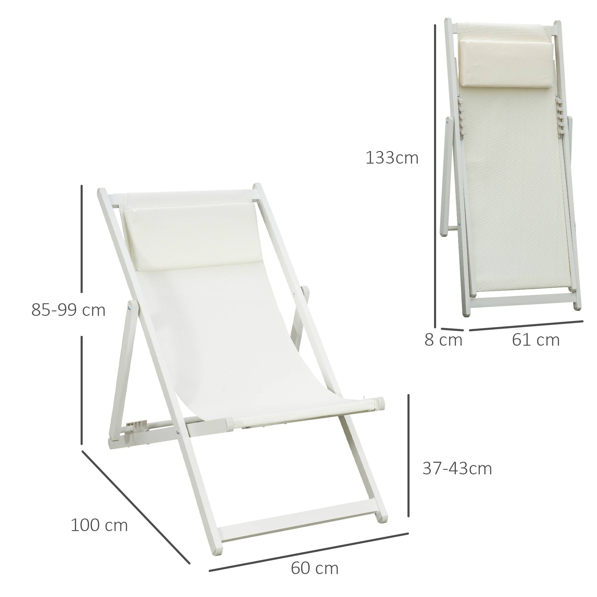 Ensemble de 2 chaises longues pliantes en aluminium avec dossier et appui-tête réglables sur 5 positions, 60 x 100 x 85 cm, blanc - Image 5