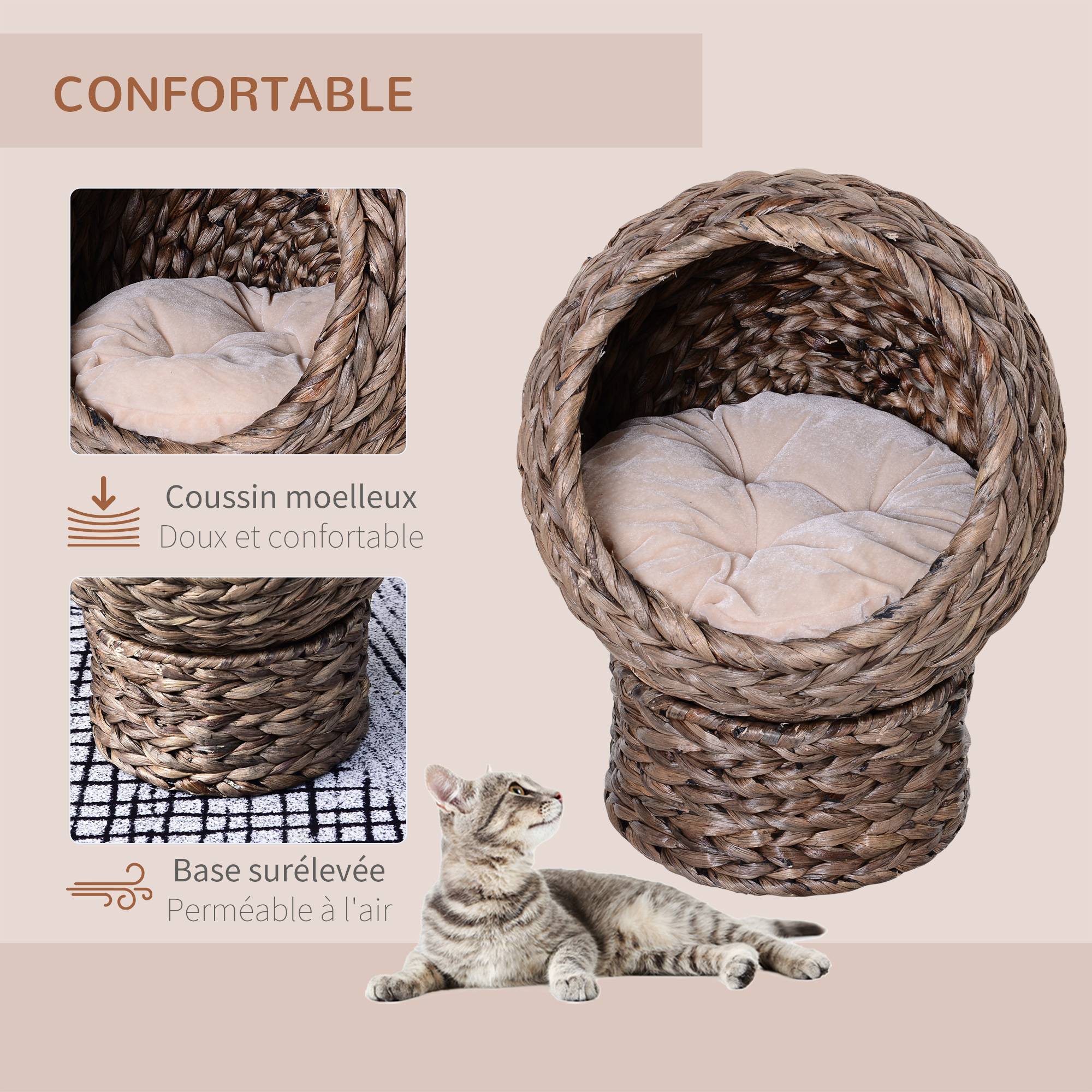 Panier chat lit surélevé chat cosy niche grotte à chat grand confort dim. 40L x 37l x 51H cm coussin moelleux beige inclus - Image 6