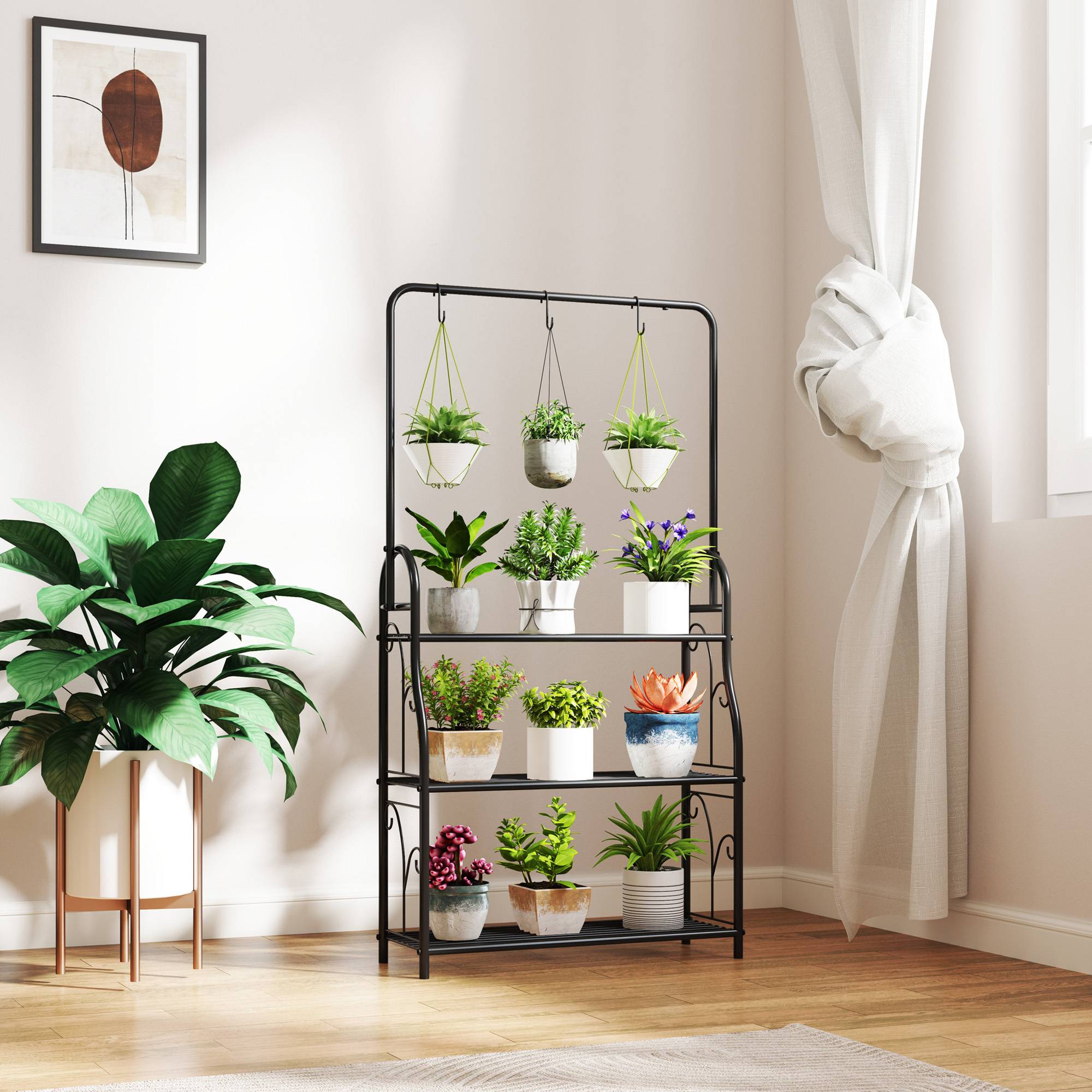 Support à plantes à 3 niveaux avec crochets métalliques, barre de suspension pour une utilisation intérieure et extérieure, noir - Image 9