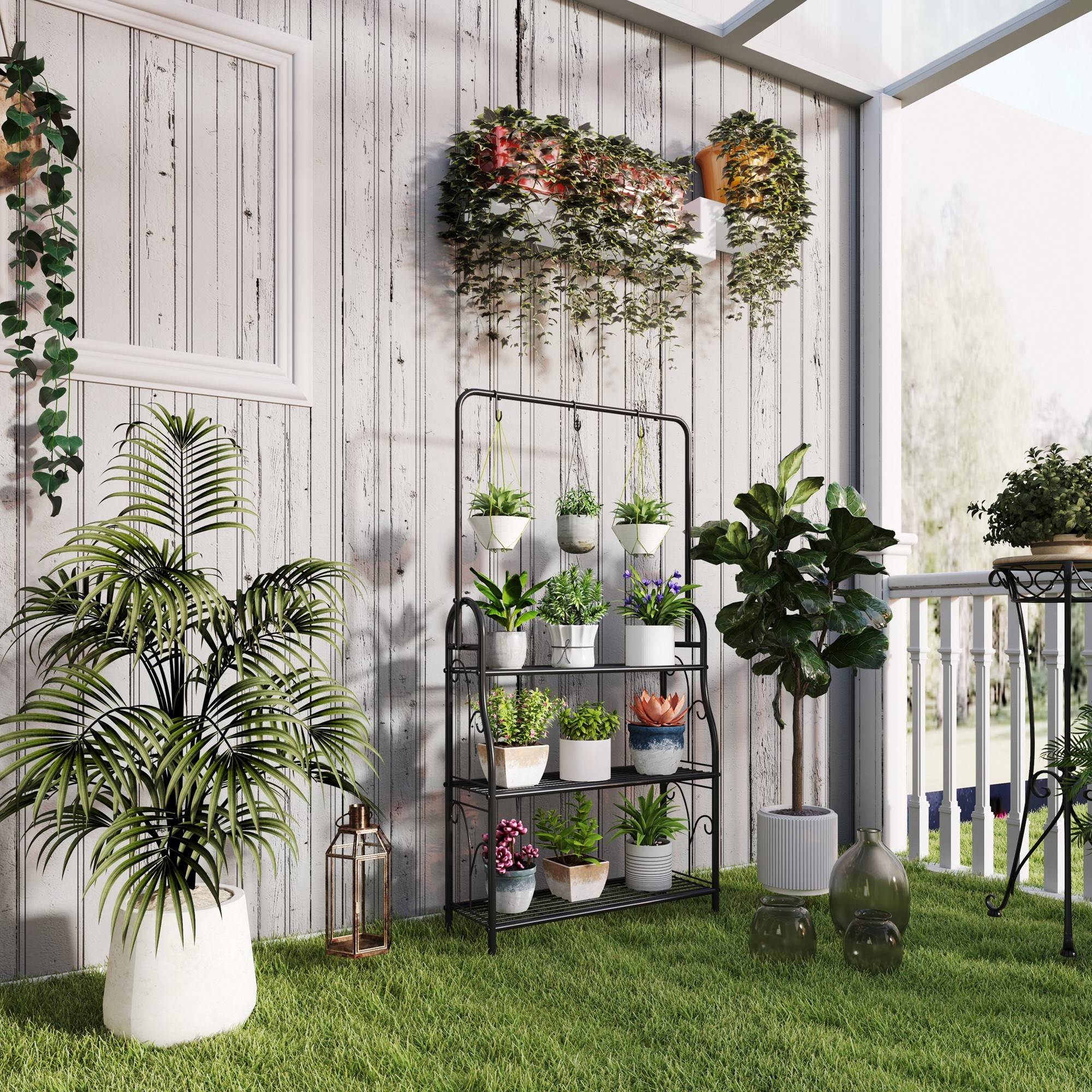 Support à plantes à 3 niveaux avec crochets métalliques, barre de suspension pour une utilisation intérieure et extérieure, noir - Image 3