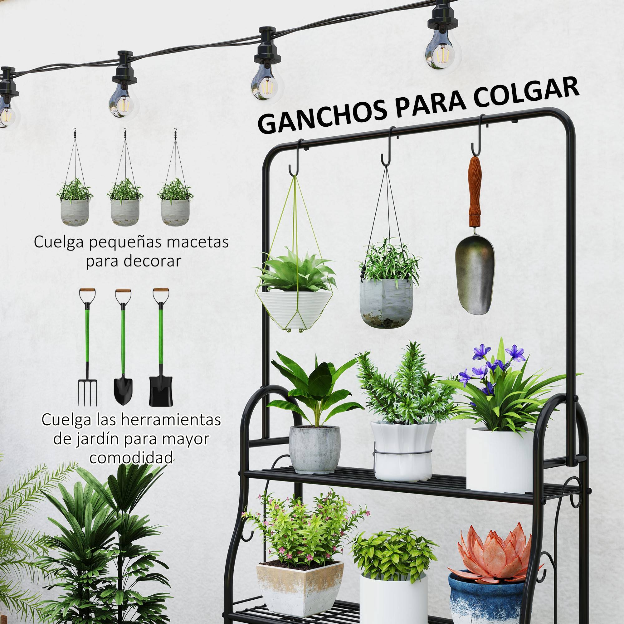 Support à plantes à 3 niveaux avec crochets métalliques, barre de suspension pour une utilisation intérieure et extérieure, noir - Image 7
