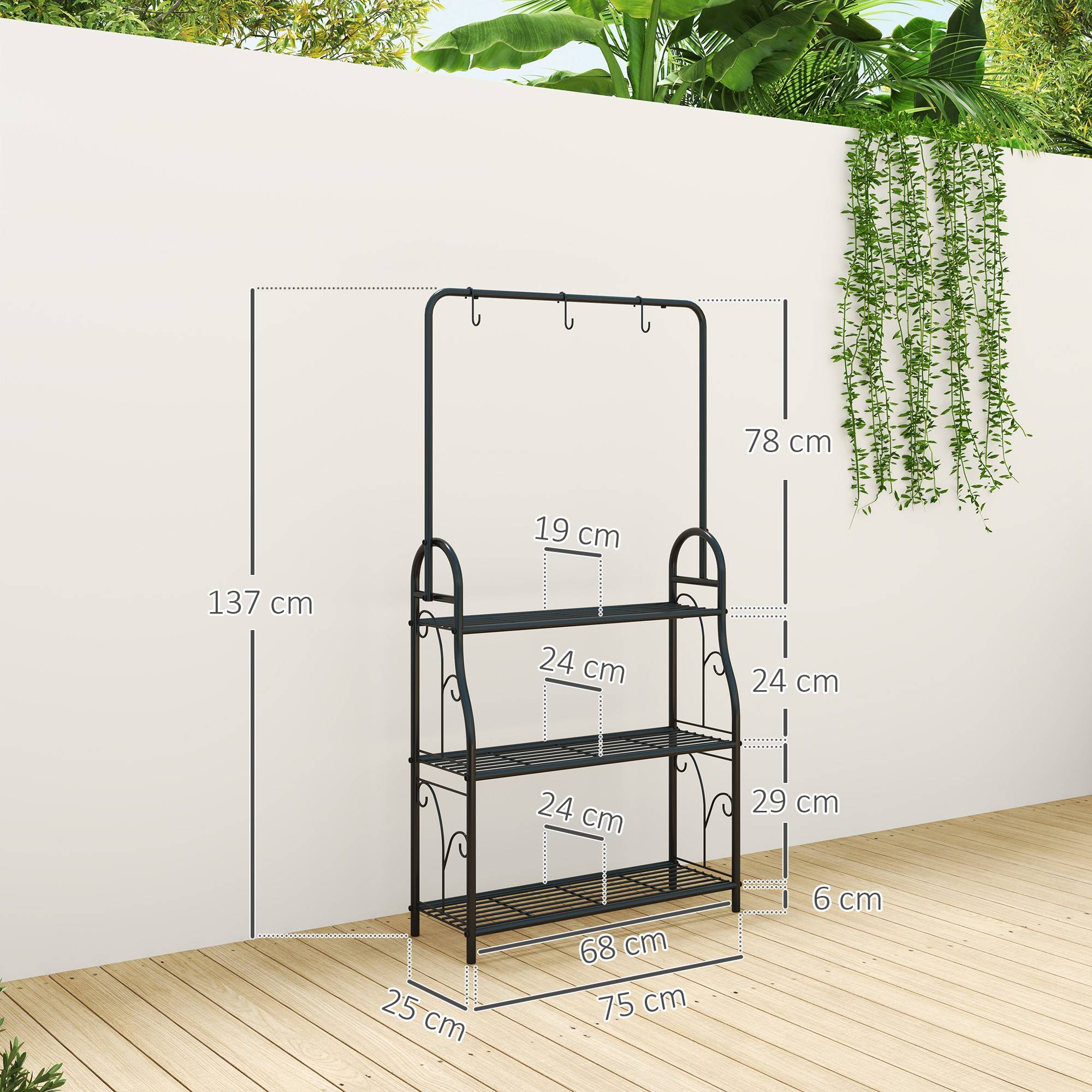 Support à plantes à 3 niveaux avec crochets métalliques, barre de suspension pour une utilisation intérieure et extérieure, noir - Image 5