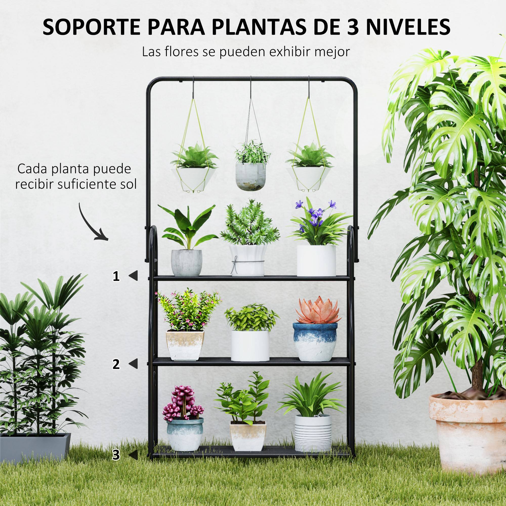Support à plantes à 3 niveaux avec crochets métalliques, barre de suspension pour une utilisation intérieure et extérieure, noir - Image 6