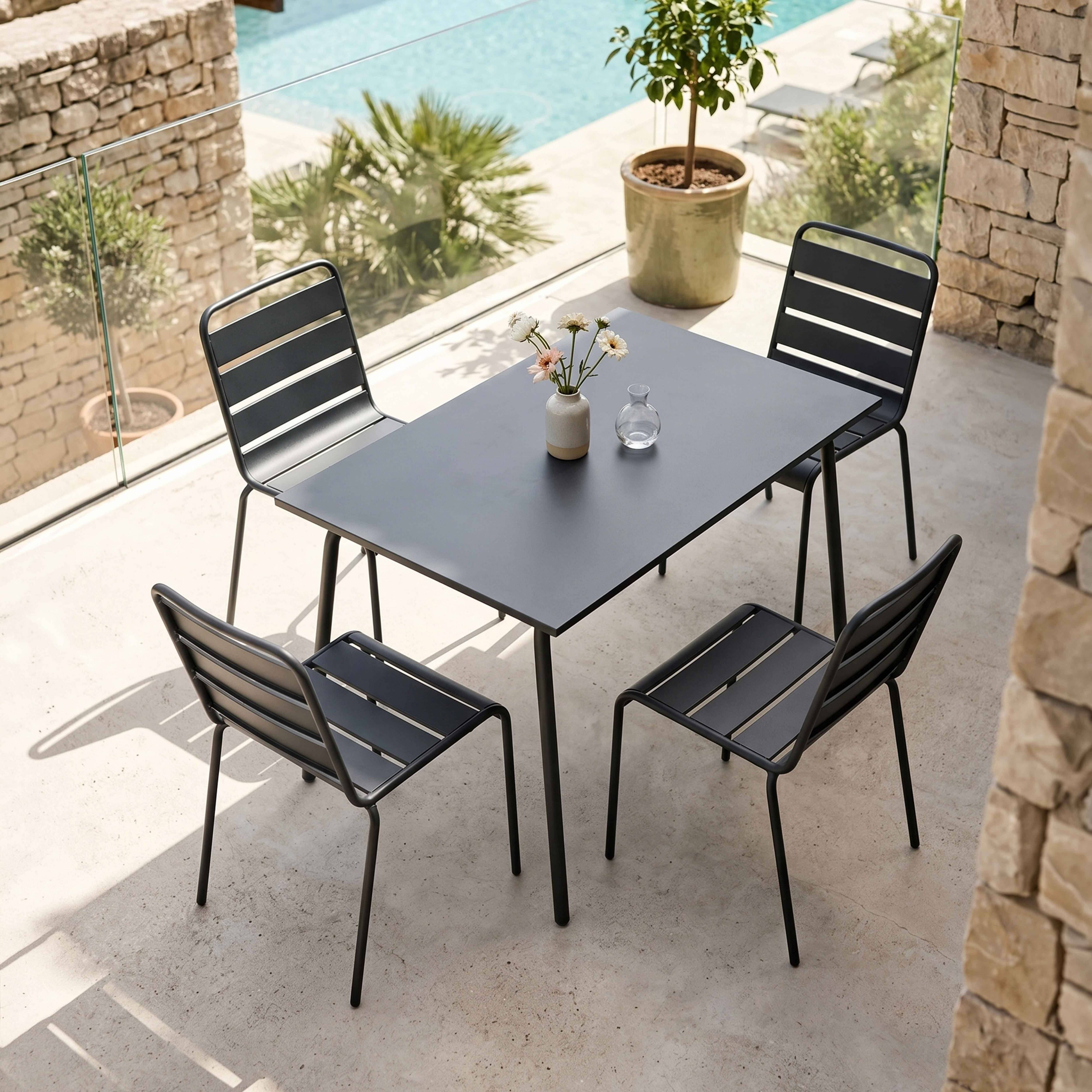 Oviala - Ensemble table de jardin en métal et 4 chaises anthracite Palavas - Oviala - Imagen 2