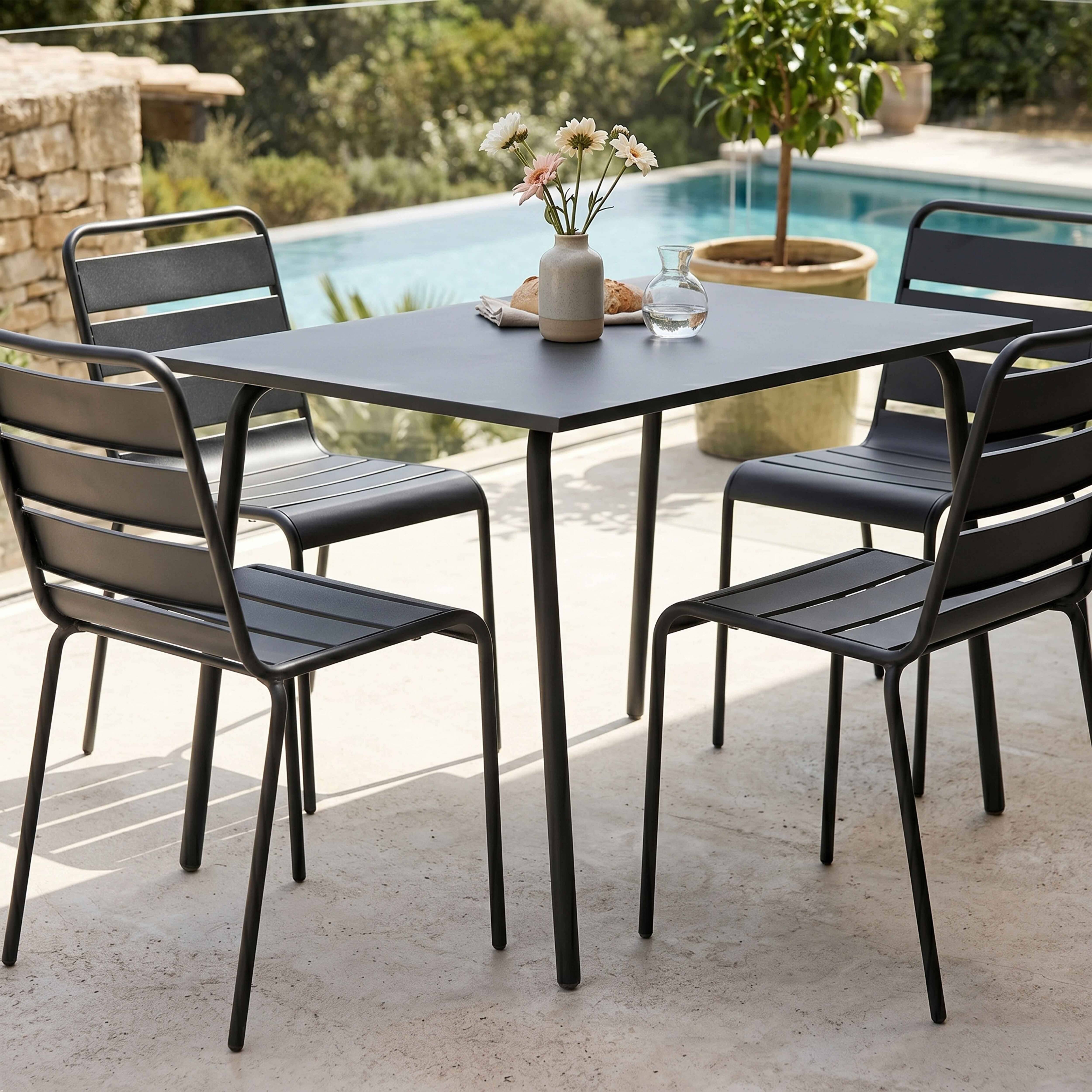 Oviala - Ensemble table de jardin en métal et 4 chaises anthracite Palavas - Oviala - Imagen 3