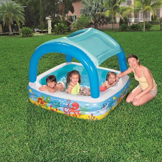 Piscine - piscine hors sol de jeu avec auvent bleu 140x140x114 cm 52192 PC59 - Image 3