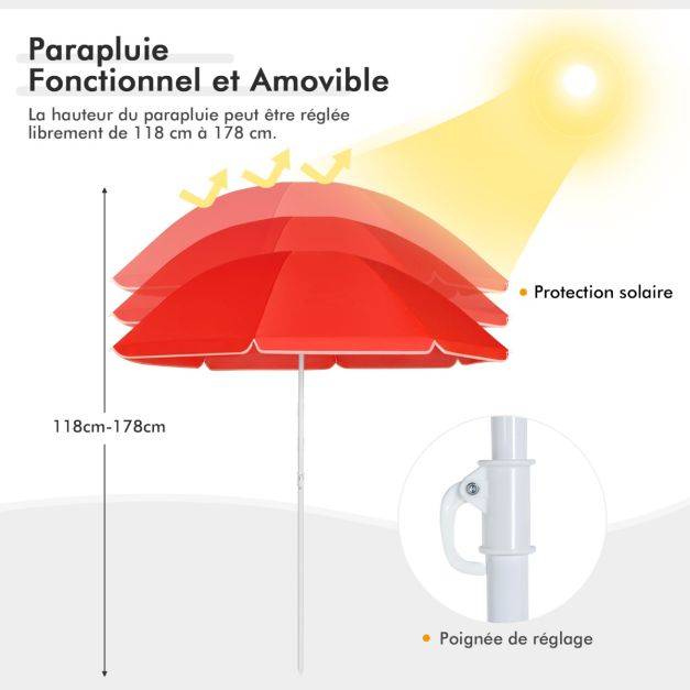 Helloshop26 - Chaise de camping pliante 2 places avec poche isotherme porte-gobelet parasol accoudoirs portable 113 kg rouge - Imagen 4