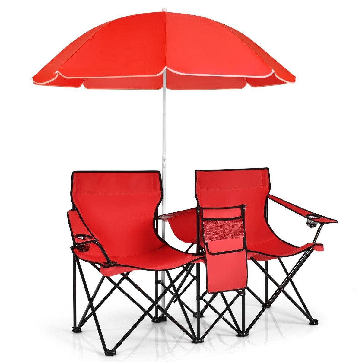 Helloshop26 - Chaise de camping pliante 2 places avec poche isotherme porte-gobelet parasol accoudoirs portable 113 kg rouge - Imagen 1