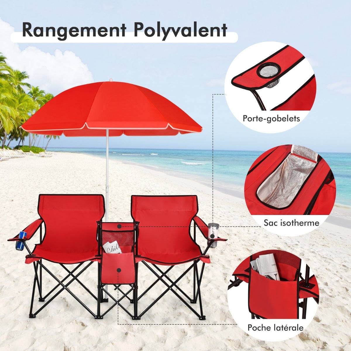 Helloshop26 - Chaise de camping pliante 2 places avec poche isotherme porte-gobelet parasol accoudoirs portable 113 kg rouge - Imagen 2